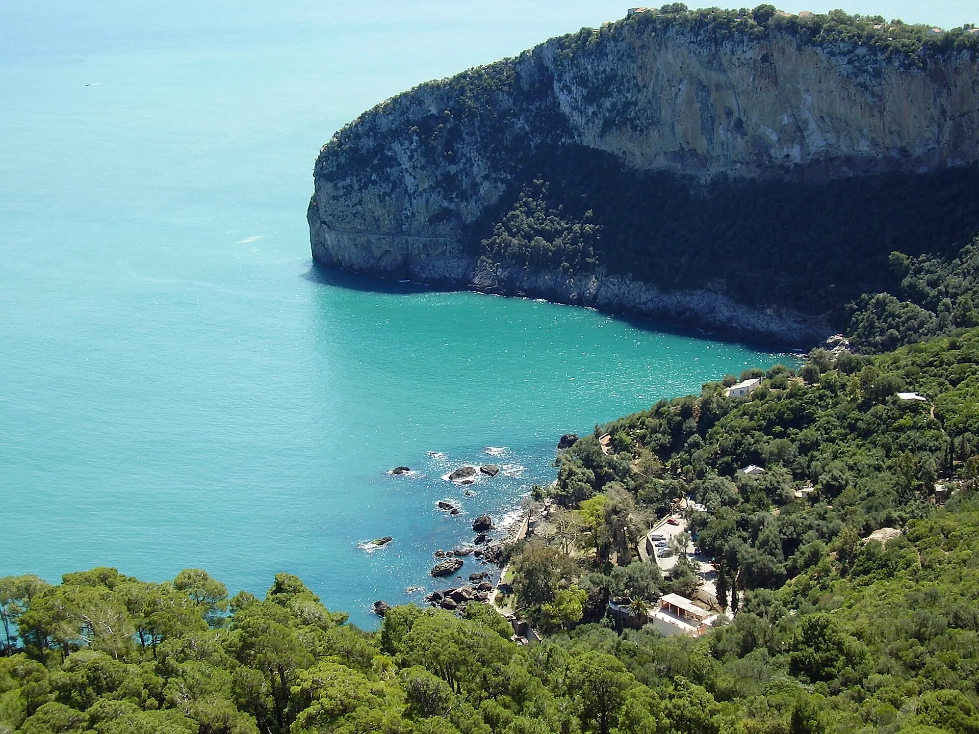 Une falaise couverte de forêt tombe à pic dans une eau turquoise ; au premier plan, la forêt descend vers des rochers et quelques constructions au bord de l’eau